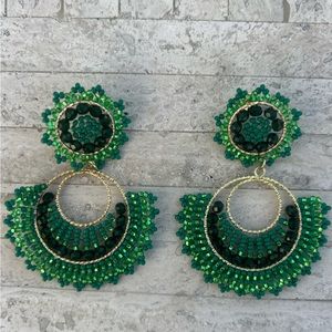 Handmade Colombian green Beaded Statement Earrings - Light Weight!